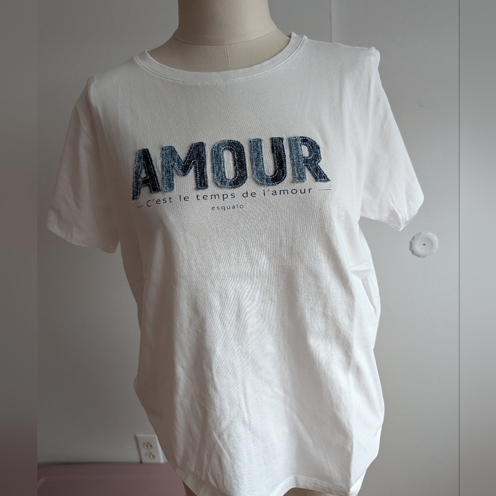 ESQUALO White Short Sleeve Tee with Navy 'AMOUR' Graphic